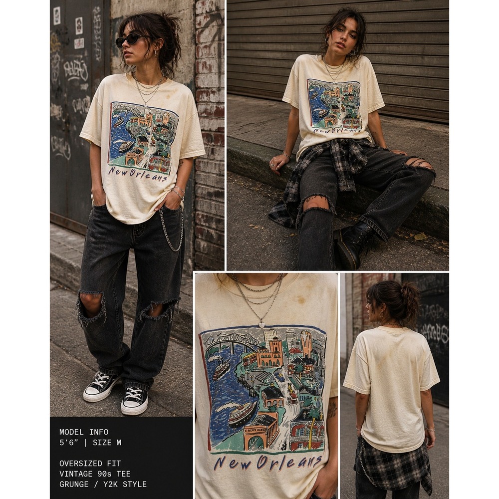 Vintage 90s New Orleans Graphic Tee Hanes USA Distressed Tourist Shirt M